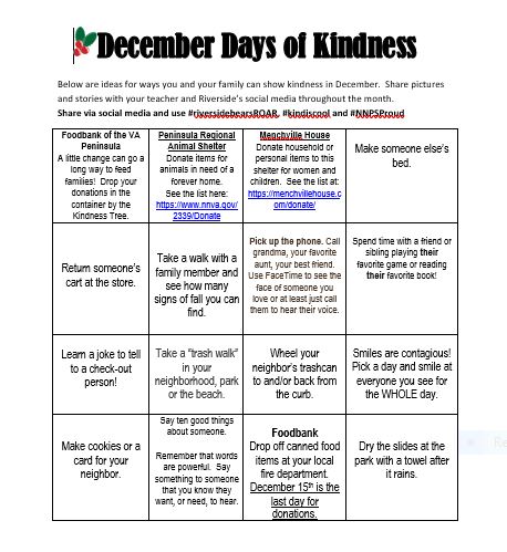 We hope that you have enjoyed a wonderful, restful break!

Looking forward to seeing you tomorrow and kicking off our December Days of Kindness this week!
#communitykindnessexcellence #riversidebearsroar #NNPSProud #kindness #Decemberdaysofkindness