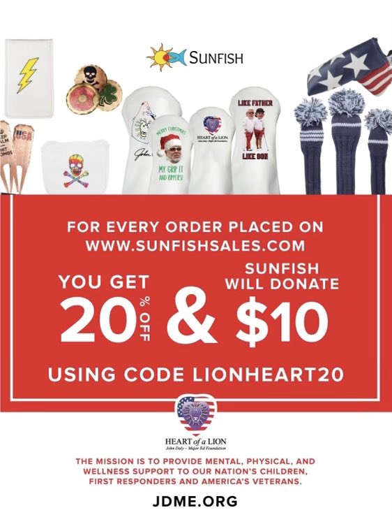 PGA_JohnDaly's tweet photo. Gift Ideas get some customized or personalized Headcovers/Accessories 20% OFF  @SunfishGolf for your golfer!  Proceeds will benefit the Heart of a Lion Foundation https://t.co/AezYDD8eVQ code: LIONHEART20 #headcovers #endlessideas #gripitandripit https://t.co/YizCxbXY3M