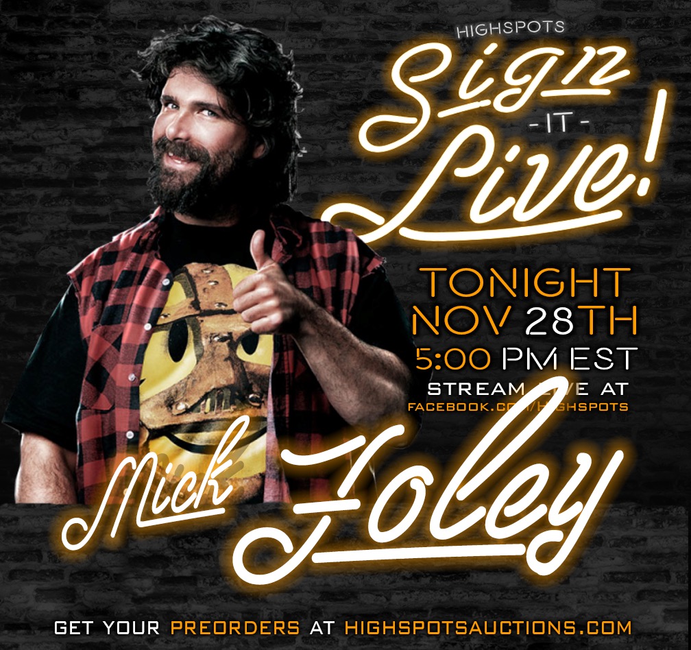 Highspots's tweet photo. Tonight join us for the first day of the 12 Days of Christmas w/ "Sign It Live" at 5pm ET with special guest,  @RealMickFoley

All remaining items available for pre-order can be found at https://t.co/HHKzRusWrq.

https://t.co/XxzPkxUFIc 

#MickFoley #SignItLive #Highspots https://t.co/YIhCA6IwMW