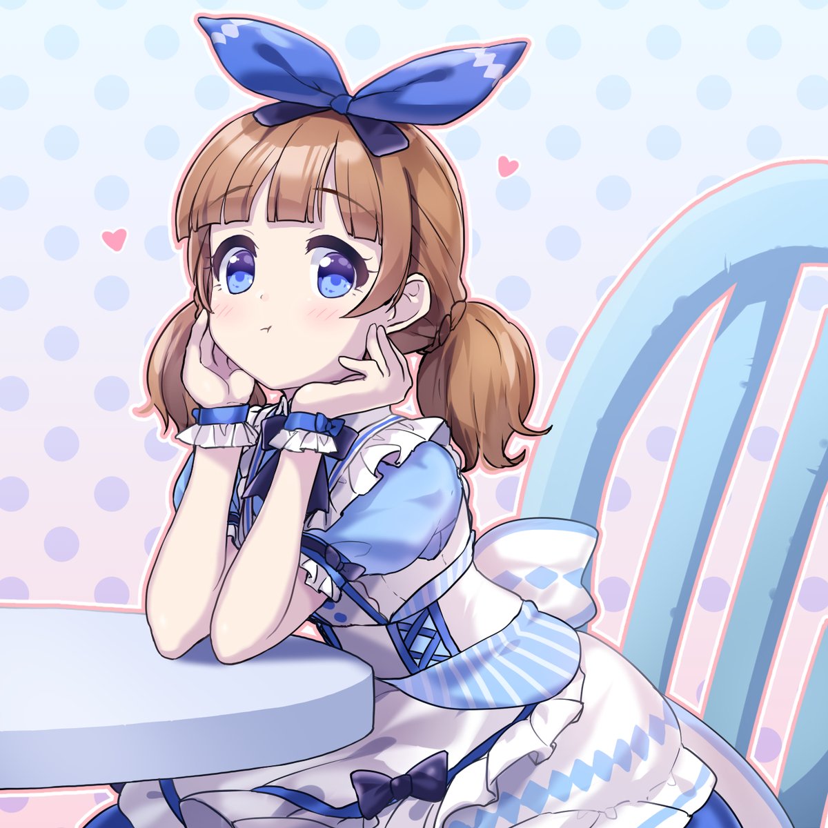suou momoko 1girl twintails solo blue eyes brown hair dress polka dot background  illustration images