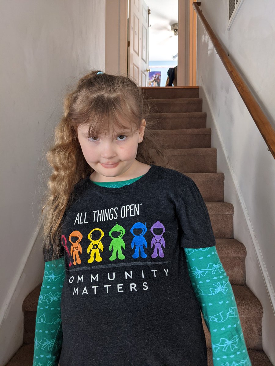 DavidDuggins's tweet photo. My youngest inherited some of her sisters old clothes. She got excited about this "among us" t-shirt. Vintage ATO @AllThingsOpen @toddlew https://t.co/xhuBBWaSHv