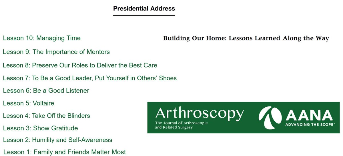Timeless words, stories, and lessons by <a href="/BrianColeMD/">Brian Cole</a> Presidential Address published in <a href="/ArthroscopyJ/">Arthroscopy Journal</a>. Applies far beyond that of Orthopedic Surgery, Sports Medicine, Arthroscopy.

arthroscopyjournal.org/article/S0749-…