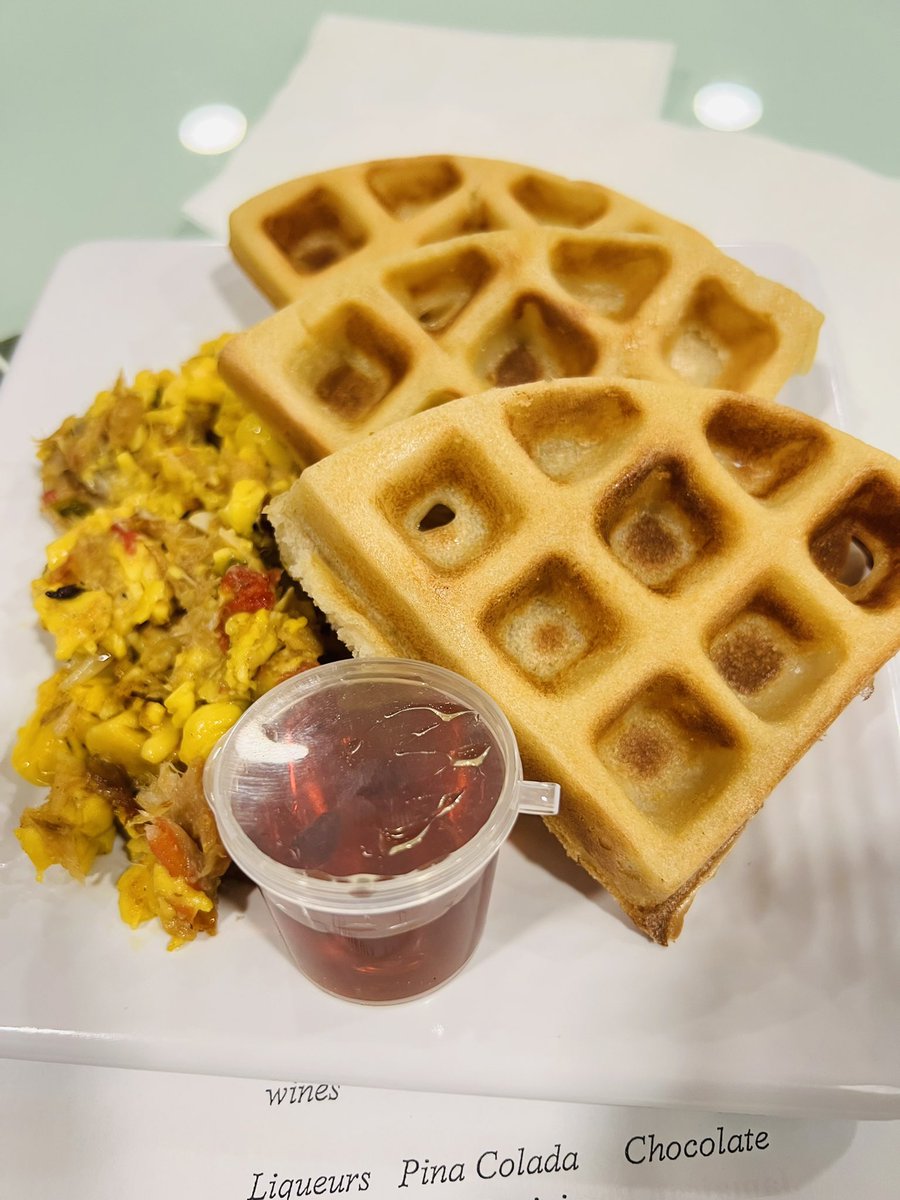 DimitriLyon's tweet photo. I’ve never tried this before, but today #ClubKingston served ackee and salt fish with waffles for breakfast. Surprisingly it didn’t taste bad. https://t.co/YAggZonR5b