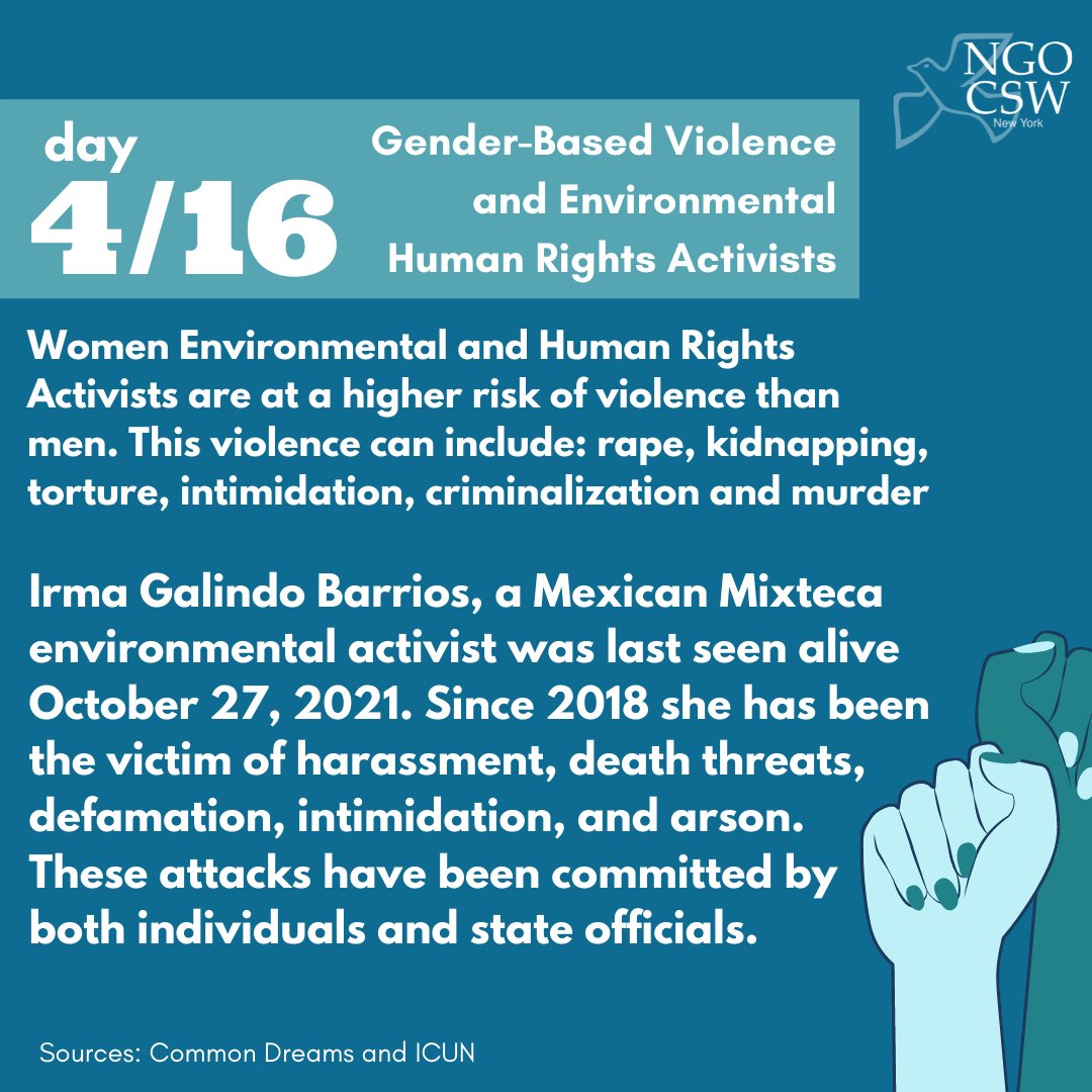 NGO_CSW_NY's tweet photo. On the 4th day of #16DaysofActivism, we want to highlight the dangers that environmental human rights activists face in their work.
#OrangeTheWorld #EndVAW #IrmaGalindoBarrios #EnvironmentDefender #FeministClimateJustice https://t.co/OC1eqwnuNM