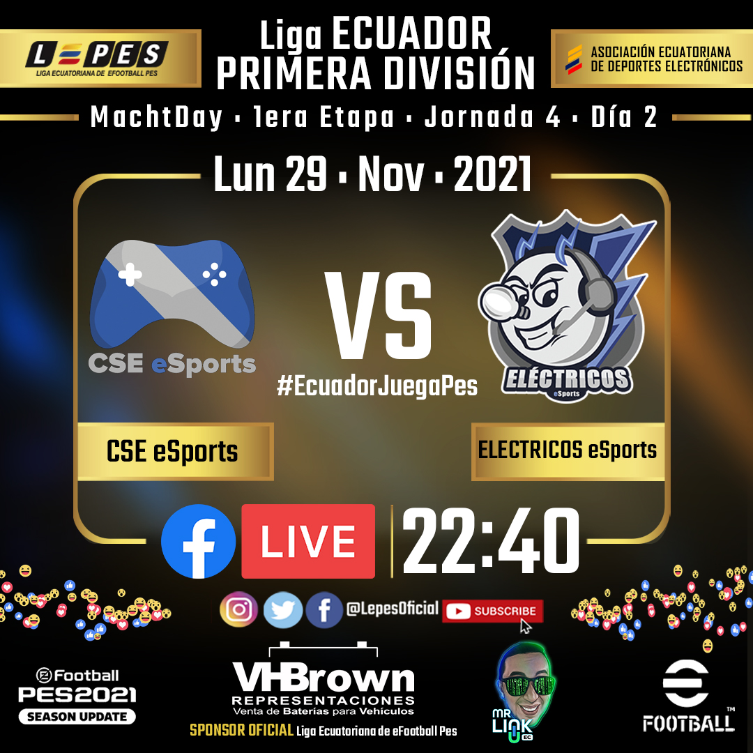 Liga Ecuatoriana de eFootball PES - Jornada 4 - Dia 2
<a href="/DragonsEsports_/">Dragons E-Sports</a>  vs <a href="/PuyuEsports/">PUYU ESPORTS</a> 
<a href="/CSE_eSports/">eSports.CSE</a> vs <a href="/ELECTRICOSe2014/">ELÉCTRICOS e-SPORTS</a> 
.
Tabla de posiciones
aede.ec/lepes-primera-…
.
#eFootballPES2021 
#eFootballPES 
#eFootball