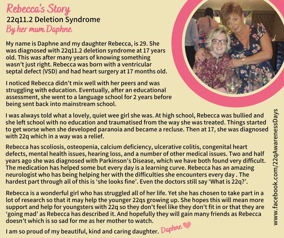 22qAwarenessDay's tweet photo. Day 28  #22qNovemberAwareness 
Meet Rebecca, through mum Daphne eyes
Rebecca is 29 has #22q11.2 Deletion Syndrome (#22q11DS)
 #parkinsonsdisease
#chd
#speechtherapy
#scoliosis
#osteopenia
#hypocalcaemia
#ulcerativecolitis
#mentalhealth
#hearingloss
#22q
#22qawareness
#Be22qAware https://t.co/sFKKbYOfSc