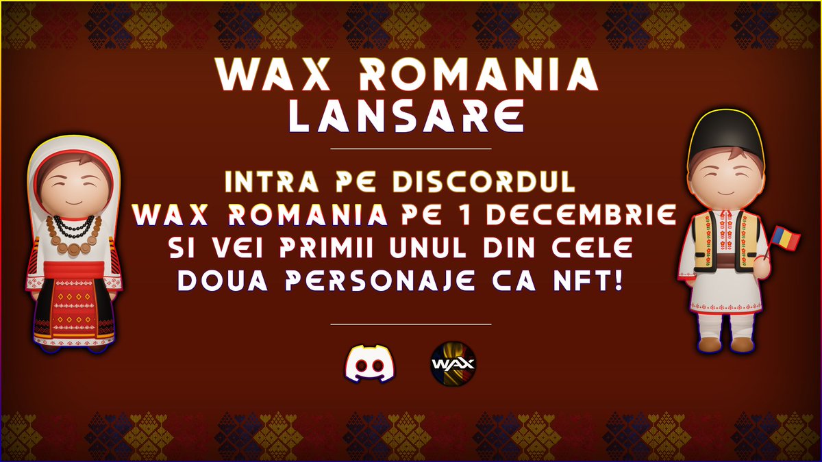 Dragi impatimiti ai #NFT-urilor, comunitatea #WAXRomania are lansarea pe data de 1 Decembrie!

Daca vrei sa inveti mai multe, sau din contra, sa impartasesti cu noi experientele tale din lumea NFT, te asteptam pe serverul de discord!

🚀RT +👇Tag unui prieten pt un gift👀