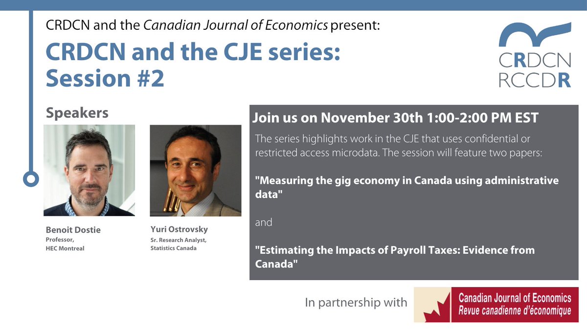 Our webinar series with @CRDCN continues Nov. 30 at 1 p.m. Yuri Ostrovsky and @benoitdos will present 2 papers from our November 2021. Register: ow.ly/yEUE50GBu2t