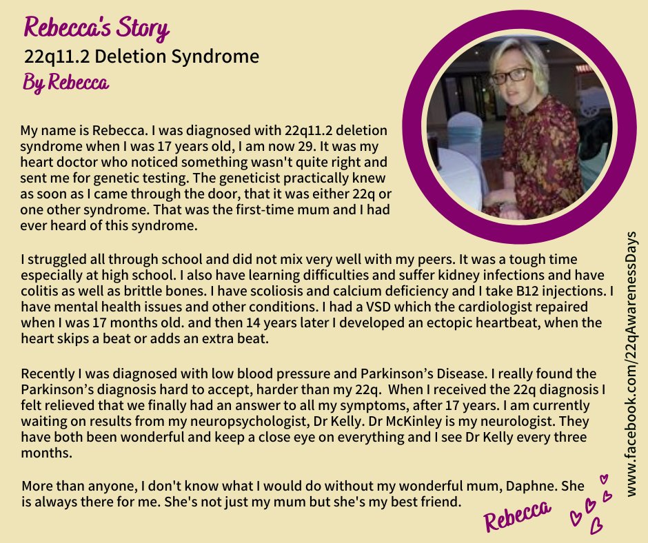 22qAwarenessDay's tweet photo. Day 28  #22qNovemberAwareness 
Rebecca's #22q11.2 Deletion Syndrome (#22q11DS) Story
 #parkinsonsdisease
#chd
#speechtherapy
#scoliosis
#osteopenia
#hypocalcaemia
#ulcerativecolitis
#mentalhealth
#hearingloss
#22q 
#B12Deficiency
#22qawareness
#Be22qAware https://t.co/kTF8V59eYu