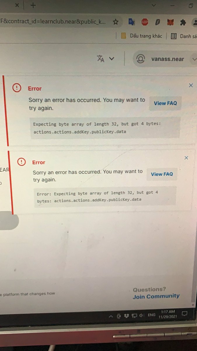 VanassVn's tweet photo. @LearnNear @dappletsproject Network fee allowance 0,25 near. I pay it but can’t connect with learnnear https://t.co/t02IJcWVx9