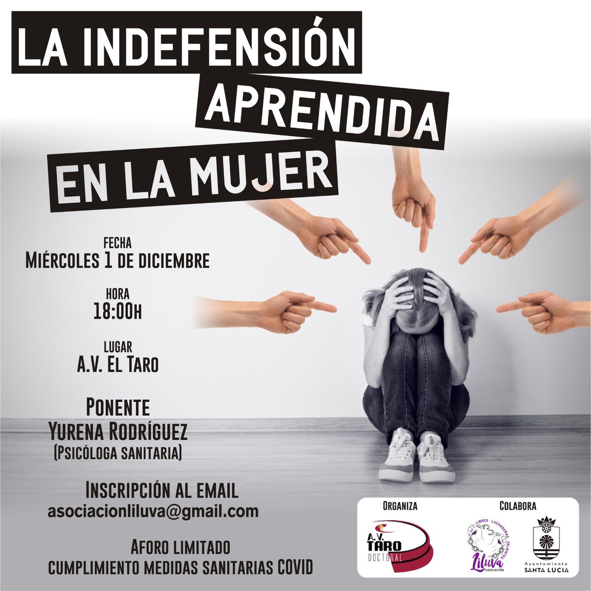 AsociacinLiLuV1's tweet photo. Todavía estás a tiempo de inscribirte en el Taller 'La indefensión aprendida en la Mujer", impartido por la psicóloga sanitaria @yurena_psicologa .

📆1 de diciembre.
🕒 18.00h
🏠 Asociación vecinal El Taro
Inscripción previa asociacionliluva@hotmail.com o al WhatsApp 606338708 https://t.co/vI19MEYMTn