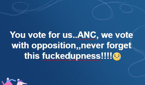 SeanGoss26's tweet photo. Does the @MYANC @GovernmentZA still wield influence? Are they legitimate? The recent LGE was a referendum, the majority of eligible voters rejected them(low turnout & under 50% vote), buffoons like Mbaks still talking kak. #DefyLockdown https://t.co/Ds7zeJ5xKm