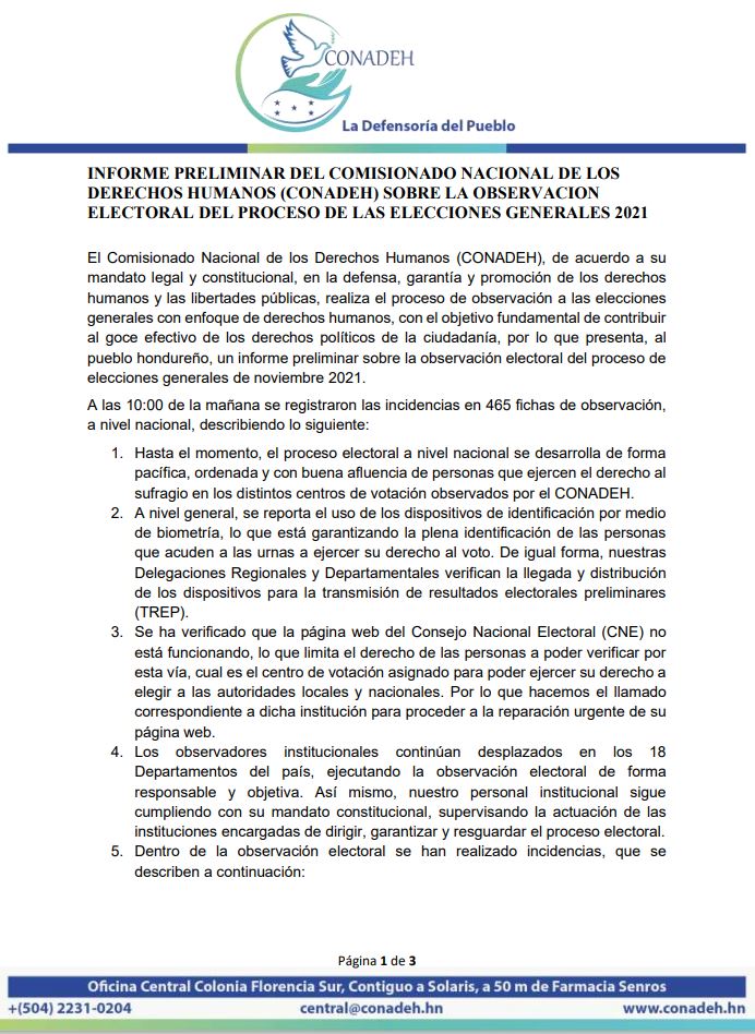CONADEH's tweet image. Primer corte| Informe preliminar del #CONADEH sobre la observación electoral del proceso de las elecciones generales 2021.