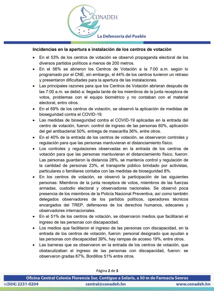 CONADEH's tweet image. Primer corte| Informe preliminar del #CONADEH sobre la observación electoral del proceso de las elecciones generales 2021.