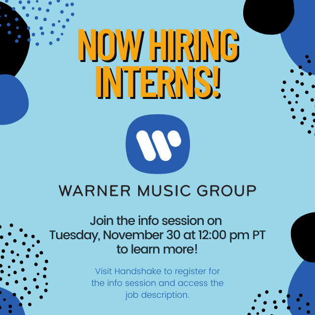 oxycareers's tweet photo. Warner Music Group is hiring interns! Join the info session on Tuesday, 11/30 to learn about the program and how you can apply. 

Link in bio to register. All majors are welcome to attend the info session and apply for internships. https://t.co/b9e3vfCQ4D