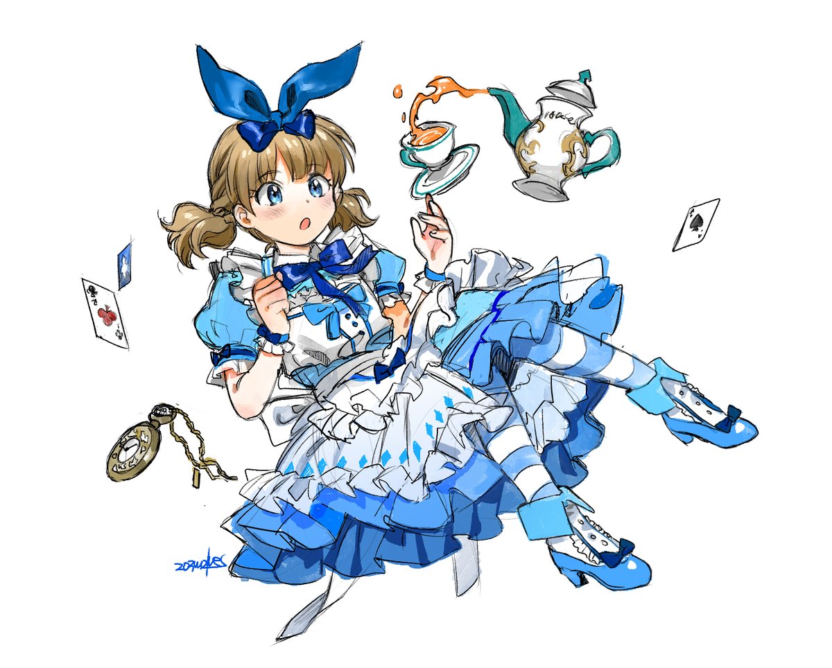 alice (alice in wonderland) 1girl teacup cup dress blue eyes teapot short twintails  illustration images