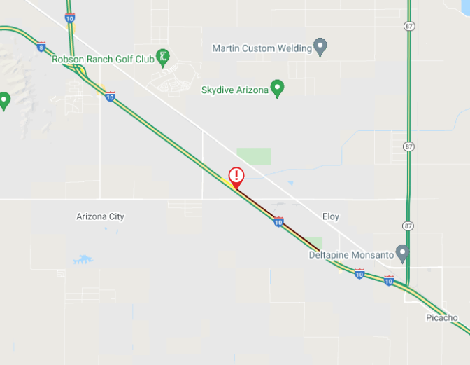 ArizonaDOT's tweet photo. *UPDATE, 11:30*
I-10 WB near Eloy: RIght lane remains closed for a crash near Toltec Road at MP 205.
Expect delays.
#aztraffic #Phxtraffic #eloyaz https://t.co/yNQwOSSGaD