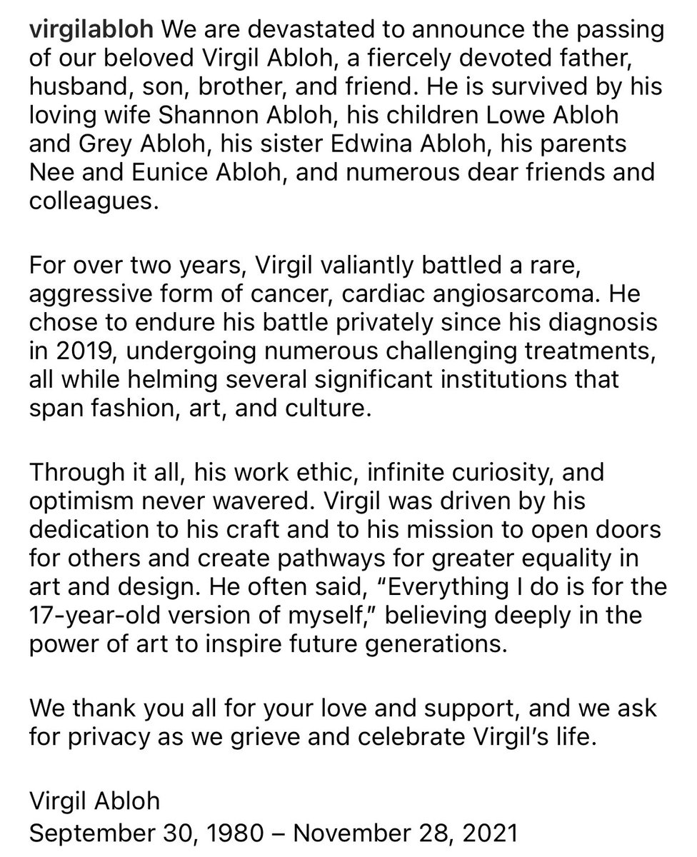 Phil_Lewis_'s tweet photo. Wow. Rest In Peace Virgil Abloh. He had privately been battle cancer for years https://t.co/Aweb3odP7S