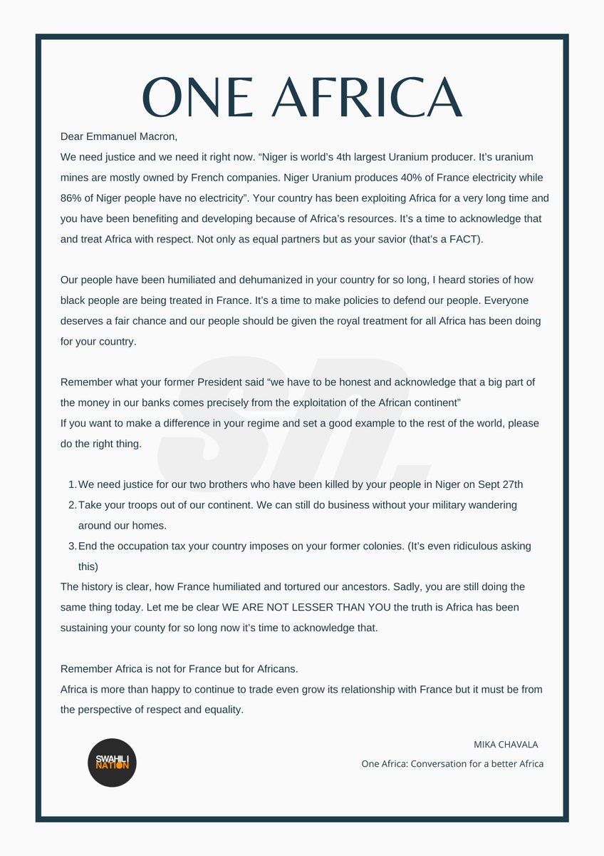 MikaChavala's tweet photo. MY OPEN LETTER TO THE PRESIDENT OF FRANCE @EmmanuelMacron
#OneAfrica #NoMore https://t.co/FTexFi3b6u