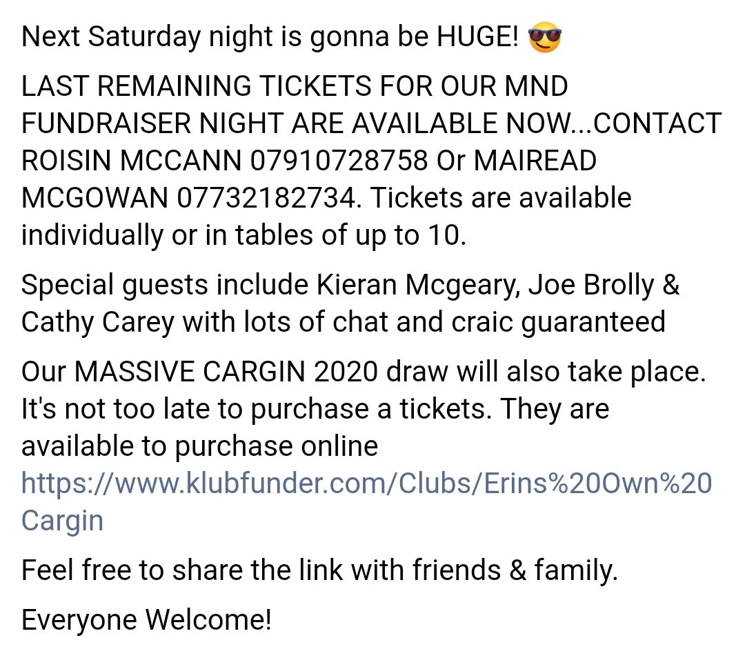 Cargin_Gac's tweet photo. Next Saturday night is gonna be a busy one.. 
Tickets available for our MND fundraiser
Contact Roisin 07910728758 or Mairead 07732182734
Available individually or in tables

Draw tickets also available for the chance to win £10,000! Buy online now.. 
https://t.co/lx2qd7QcDW https://t.co/zcmDuigm47