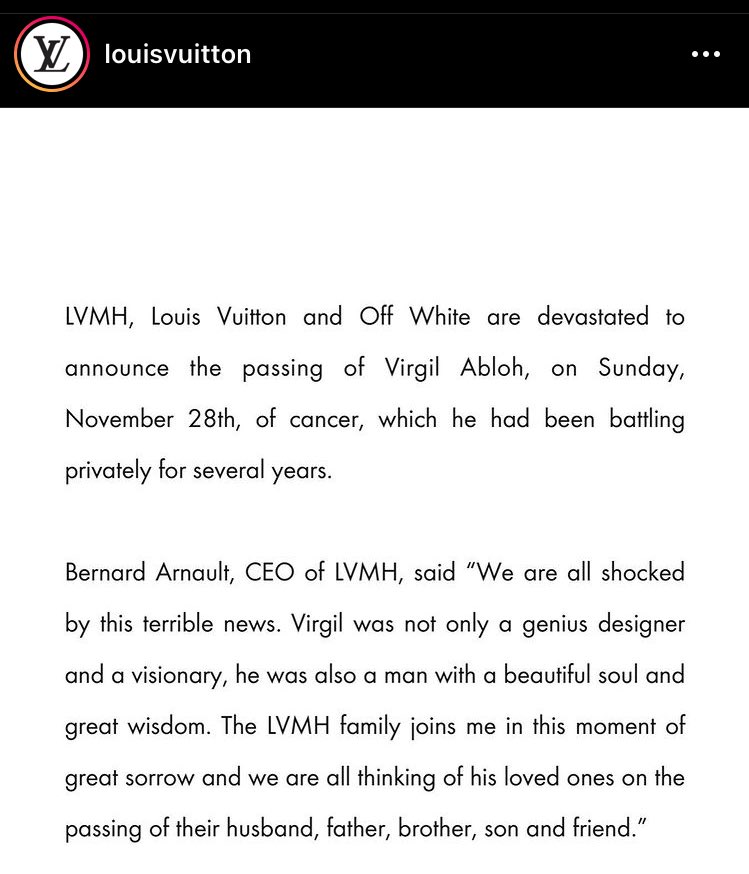 Virgil Abloh ดีไซน์เนอร์ชื่อดังของ Louis Vuitton และเป็นเพื่อนในวงการแฟชั่นของฝานมาเนิ่นนานตั้งแต่เริ่มก่อตั้งแบรนด์ OffWhite จนทั้งสองได้มาร่วมงานกันกับ LV ได้เสียชีวิตลงแล้วจากโรคมะเร็งหัวใจ

ปีนี้มันปีอะไรอ่ะ ไม่ไหวเลย 😭 

Rest in Peace Virgil 🌌 