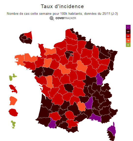 Covid : les départements en violet sont au dessus de 400 dont Ardeche 541