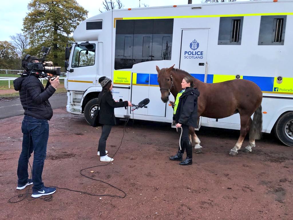 scotsfilmguy's tweet photo. Neigh way I'm filming an interview with a @polscothorses officer while they have their horse in shot again. Absolutely hilarious trying to get this beautiful horse to stand still. 🤣 This was one of my last shoots during @COP26 https://t.co/tdhOKoYNa6