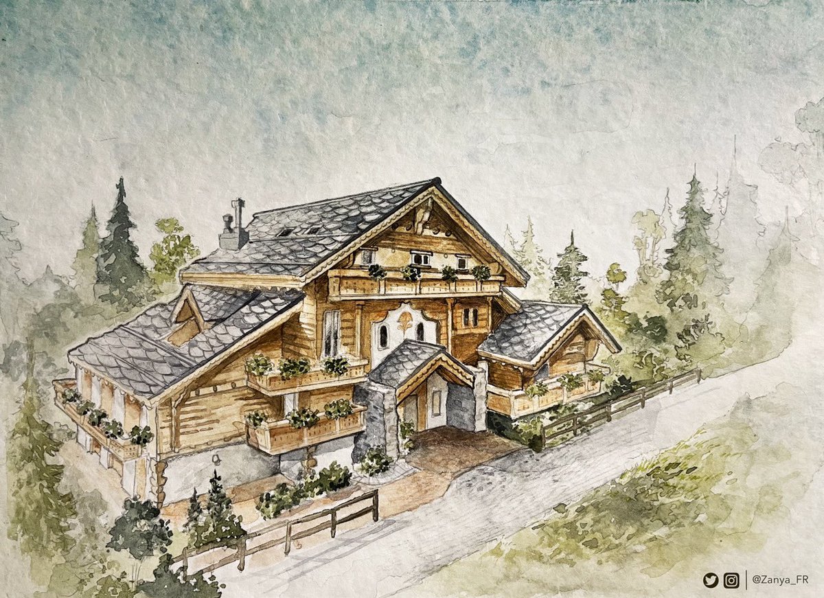 Zanya_FR's tweet photo. Here’s a drawing of a swiss chalet ❤️

#watercolor #watercolorart #painting #art #architecture #chalet #house #housedesign #charming #swiss #swisschalet #switzerland #landscape #zanya_fr https://t.co/vi9IVUll1D