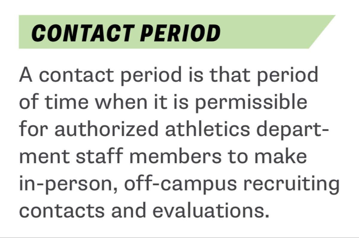 RECRUITs: Today starts the football recruiting…

     C O N T A C T   P E R I O D 

       Sun Nov 28 - Sat Dec 11

‘22 prospects will see coaches visit your SCHOOL &amp; making IN HOME visits. 

In-Person off campus visits are permissible during this time period.

#Recruiting101