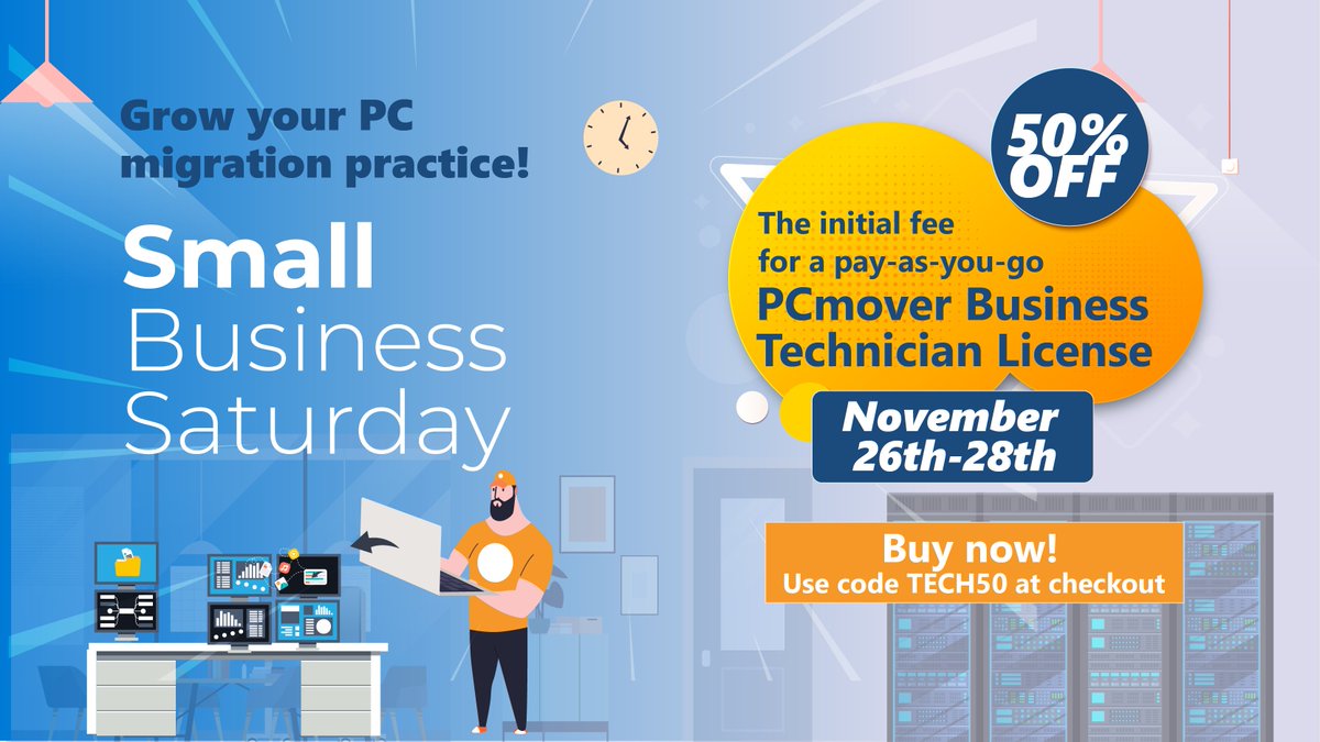 Laplink's tweet image. Last day! PCmover Business from @Laplink offers flexibility and scalability for every budget. Use code TECH50 to get 50% off the initial fee for a pay-as-you-go PCmover Business Technician License November 26 – 28! #smallbusinesssaturday #PCmover #PC #migration #business