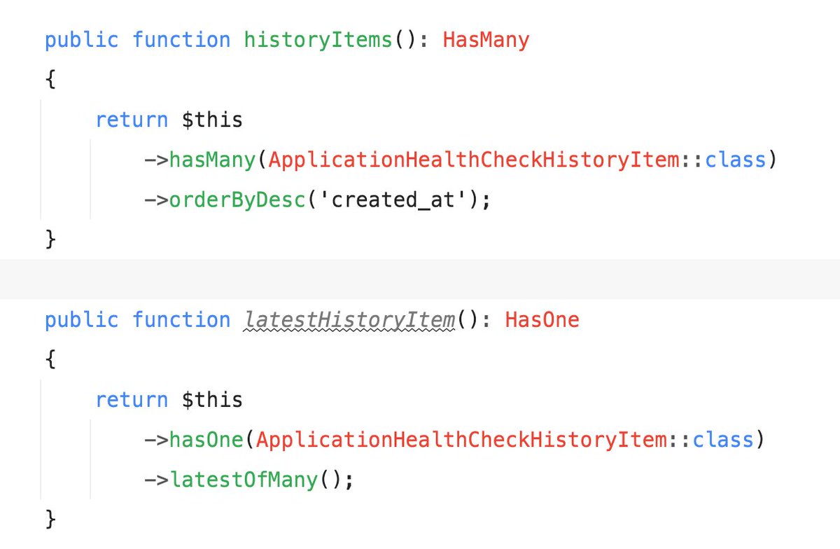 The latestOfMany() method lets you use a 'hasMany' relation as a 'hasOne' relation, returning the latest record