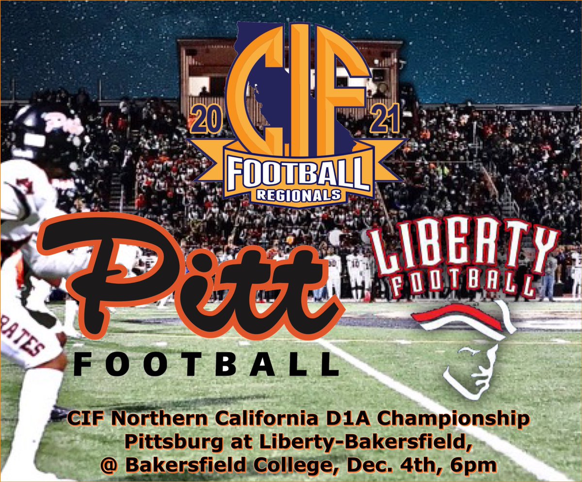 Matchup Set! The Pirates travel to Bakersfield to face Liberty-Bakersfield on Saturday, Dec. 4th, 6pm, at Bakersfield College. Pack your bags Pirate Nation and lets paint it Orange &amp; Black #2021NCSchamps #2021BVALchamps #HoistTheColors #PITT #State 🏴‍☠️🏈🏆🧡🖤🏆🏈🏴‍☠️