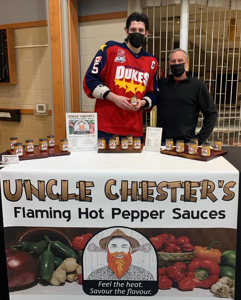chester_uncle's tweet photo. @ojhldukes  @ojhlofficial Dukes Captain Emmet Pierce stops by after the win for Uncle Chesters Flaming Hot Pepper Sauce. Go Dukes!!! https://t.co/XrIkopOQZE