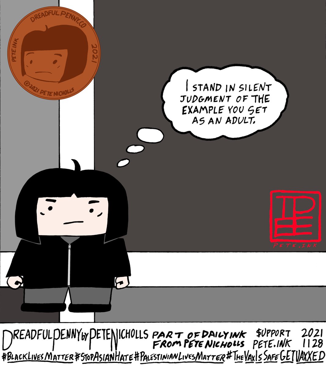 DreadfulPennyPg's tweet photo. #SilentJudgment in the latest #DreadfulPenny comic, part of #DailyInkFromPeteNicholls just posted on my (@PeteNicholls_) @BuyMeACoffee blog!

#DailyInk #dailydrawing #drawingdaily #drawing #inkdrawing #iamdrawing #webcomics #webcomic #TheVaxIsSafeGETVAXXED
https://t.co/tL9gOTzhpq https://t.co/4FcHQPtppN