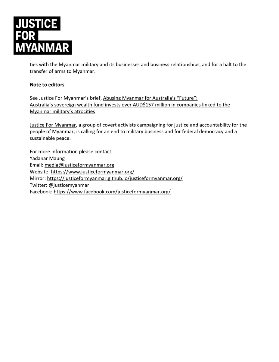 JusticeMyanmar's tweet photo. Press Release 📣 Australia’s sovereign wealth fund, the Future Fund, is invested in companies destroying lives &amp; future of #Myanmar people. It has equity holdings valued at AUD$157.9 million across 14 publicly listed biz directly linked to Myanmar military https://t.co/5iWJHa3hkL https://t.co/7qwmmC4e4p