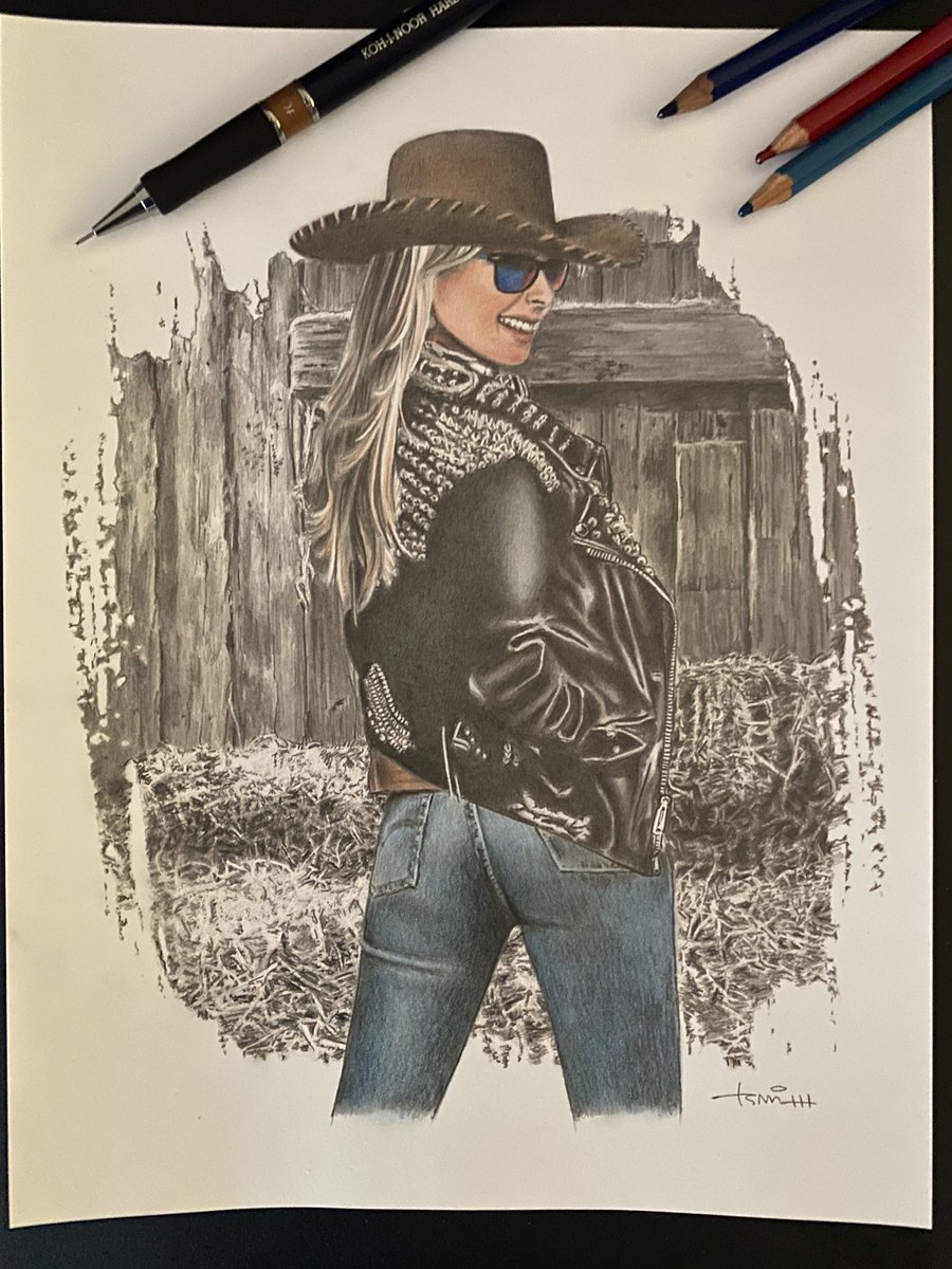 TASdesign's tweet photo. This is a study in textures. In this illustration, I drew hair, skin, leather, metal, plastic, wood, straw, felt and denim. The rest is colored pencil. 8 1/2” x 11” bristol board.
#drawing #sketching #kohinoor #kohinoorusa #westernart #countryart #coloredpencil #art #sketchbook https://t.co/hOE3cxTb4L