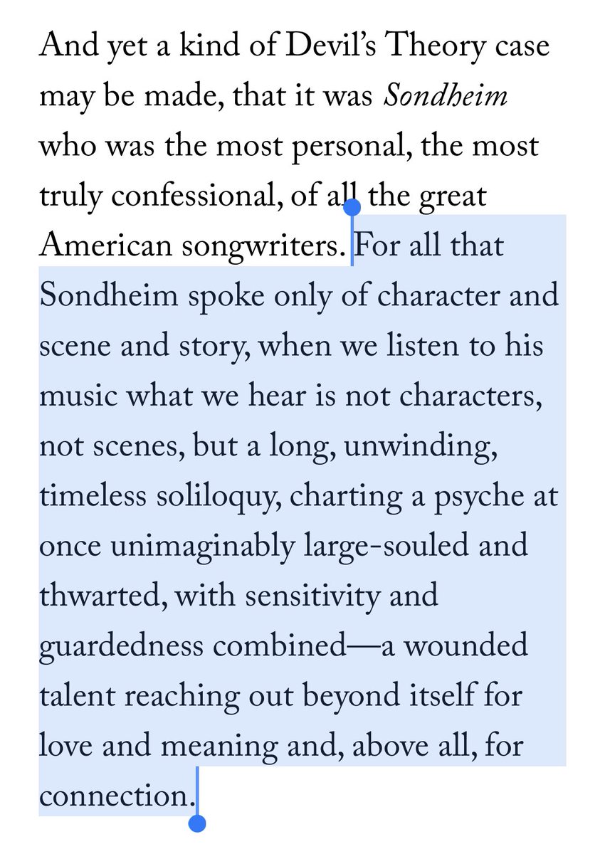 I’d sincerely love if we never stopped trying to find words to articulate what made – makes – Sondheim Sondheim. I will read them all.

Grateful especially for these from @HelFitzgerald, <a href="/JohnDeVore/">John DeVore</a>, <a href="/Parabasis/">p</a>, and <a href="/AdamGopnik/">Adam Gopnik</a>: