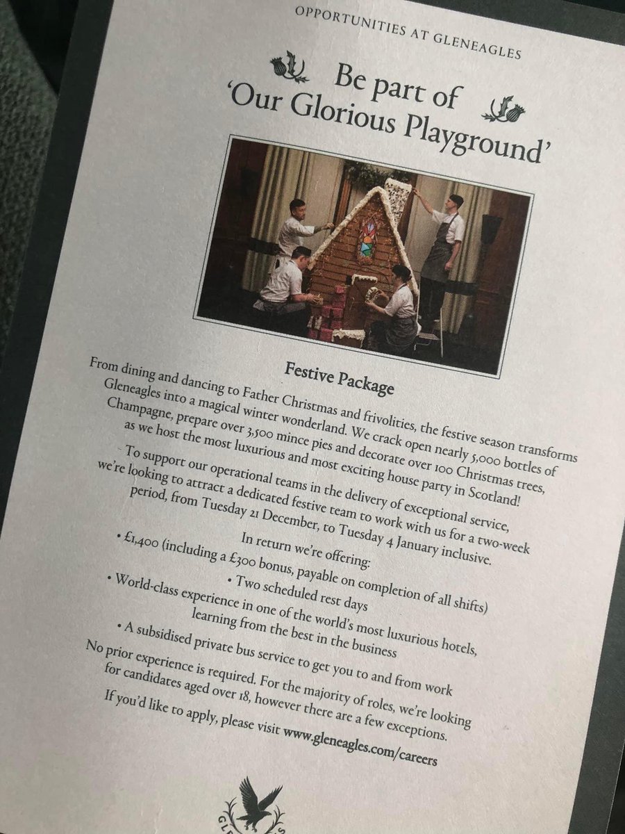 CentenaryHGK's tweet photo. Fantastic opportunity to gain high end hospitality experience at the iconic @Gleneagleshotel whilst adding to your CV, making industry contacts, making friends and developing yourself #Hospitality #FestivePackage #Continuedlearning https://t.co/l1Rnp1s06E
