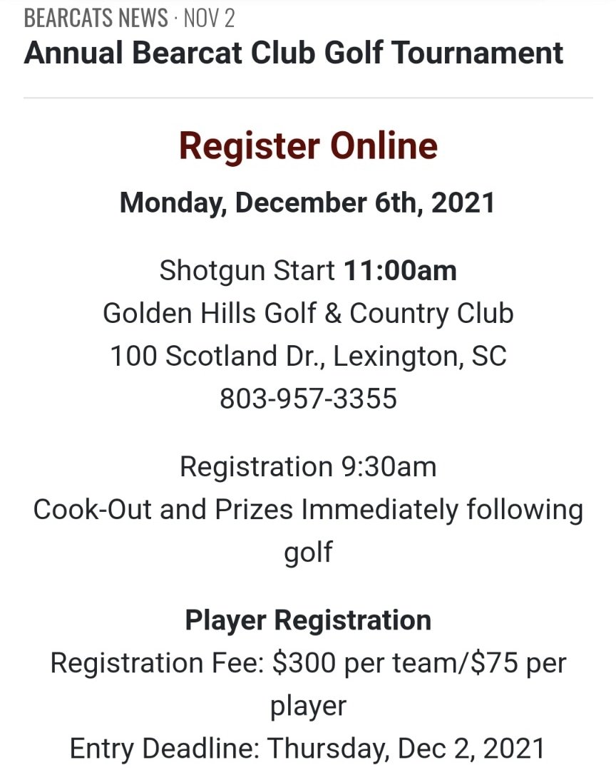 Support your Bearcats by taking a day off from work to play golf or  If you can't play but can sponsor a hole or provide prizes..  Sign up at bchighbearcats.com