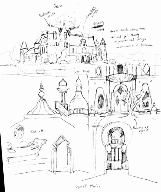 The Salt Lands, and the grand manor Sere, is a particularly detailed and thought-out setting in Salt Magic. I based it on several castles and mansions I've researched--from the Biltmore, to Versailles. i sketched a bunch of plans and even built the main house in SketchUp! 
