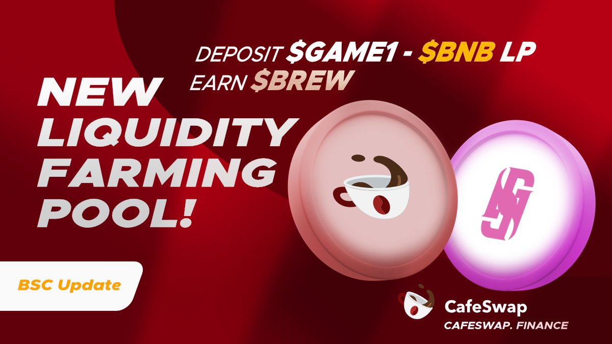 #BSC Update!
😎We're  super excited to announce a "NEW Liquidity Farming Pool" with our friends at @game1network 

☕️Head to our "FARMS" Tab &amp; Start Earning NOW! 

🤑Deposit $GAME1- $BNB LP - Earn $BREW
👇
⚡️cafeswap.finance/farms

#DeFi #yieldfarm