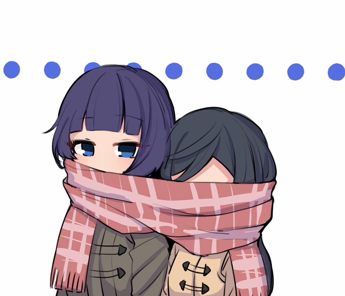 shared clothes shared scarf 2girls multiple girls scarf blue eyes black hair  illustration images