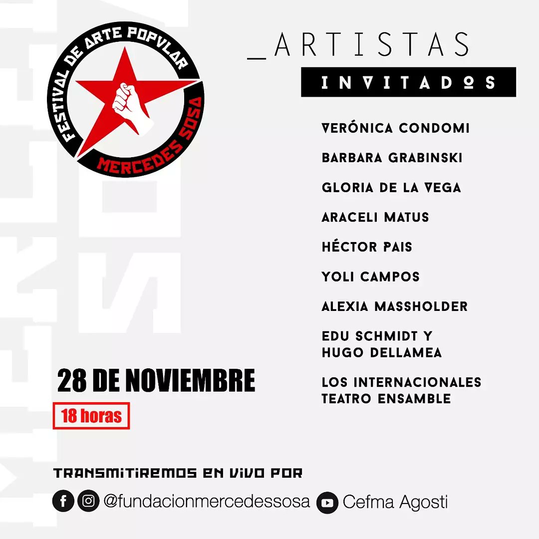CEFMA Agosti (@el_cefma) on Twitter photo Hoy a las 18hs transmisión en vivo del X Festival de Arte Popular Mercedes Sosa 🎶
➡️ Seguilo en vivo por el Facebook de <a href="/hmsosaoficial/">Fundación Mercedes Sosa</a> o en nuestro canal de Youtube youtube.com/watch?v=41I3Vu… Hoy a las 18hs transmisión en vivo del X Festival de Arte Popular Mercedes Sosa 🎶
➡️ Seguilo en vivo por el Facebook de <a href="/hmsosaoficial/">Fundación Mercedes Sosa</a> o en nuestro canal de Youtube youtube.com/watch?v=41I3Vu…