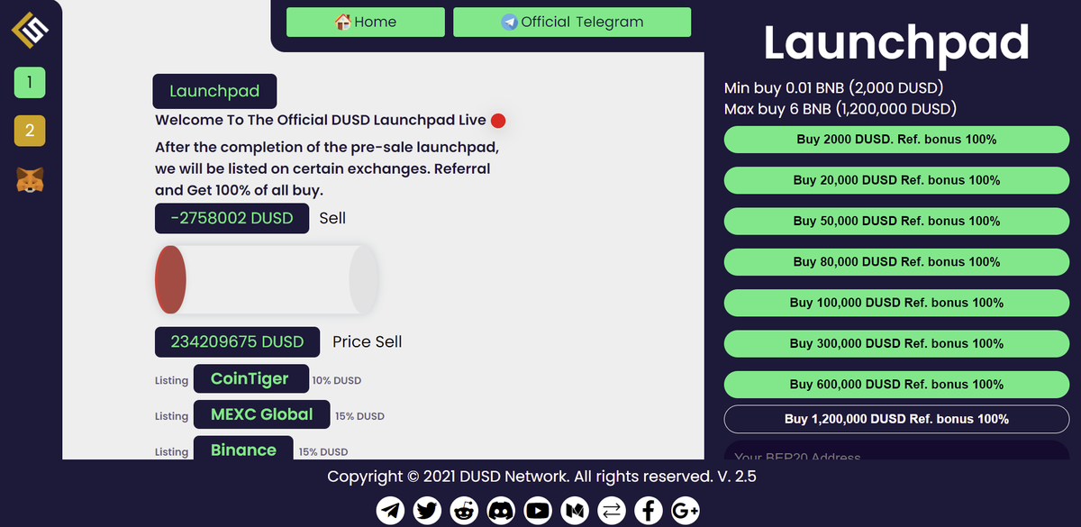 Coin_Hub_News's tweet photo. DUSD Network
Welcome To The Official DUSD Launchpad Live
 ✅👇 Launchpad Link :
https://t.co/9Tm7y7QuaU
MIN BUY 🤑 2,000   (DUSD) Tokens
MAX BUY 🤑 1,200,000 (DUSD) Tokens
🚀🚀🚀🚀🚀
🎁Referral and Get 🎁 100% of all buy.
🔥Listing price 1 DUSD = 0.3$🔥 https://t.co/YhKgLlLYtS