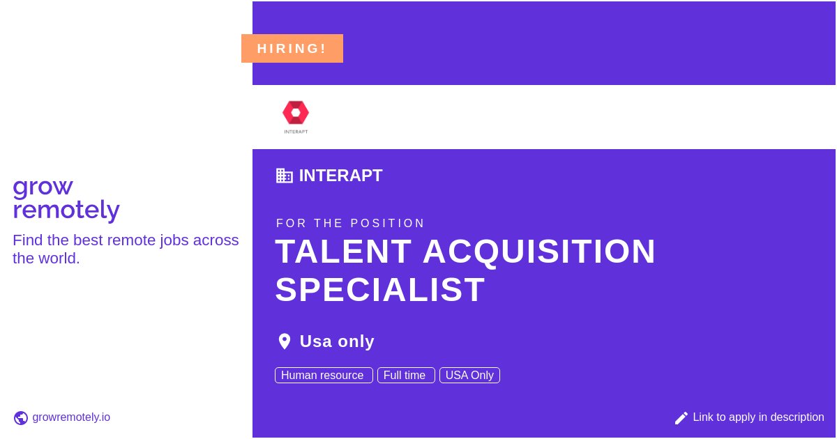 growremotelyio's tweet image. Check out this job at Interapt for the position Talent Acquisition Specialist.

 Apply link: growremotely.io/?id=61a2d25da4…

#hiring #remotejobs #Interapt #Others