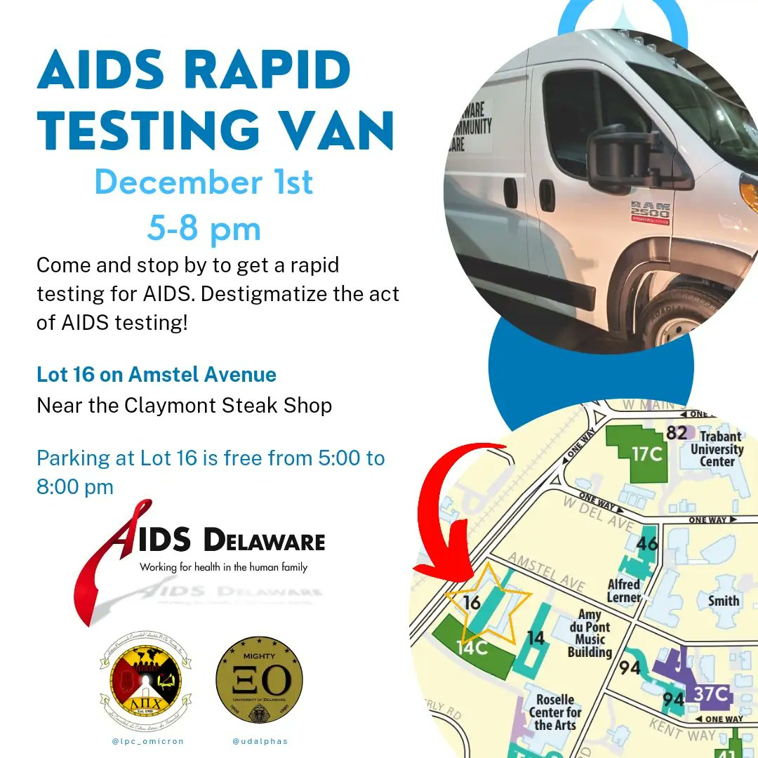 Omicron_LPC's tweet photo. Come and stop by Lot 16 on Amstel Avenue to get a rapid AIDS testing conducted by AIDS Delaware! If you have trouble getting there, please feel free to reach out to us by messaging us. 
.
.
.
#udel #WorldAIDSDay2021 https://t.co/ARHt590oPH