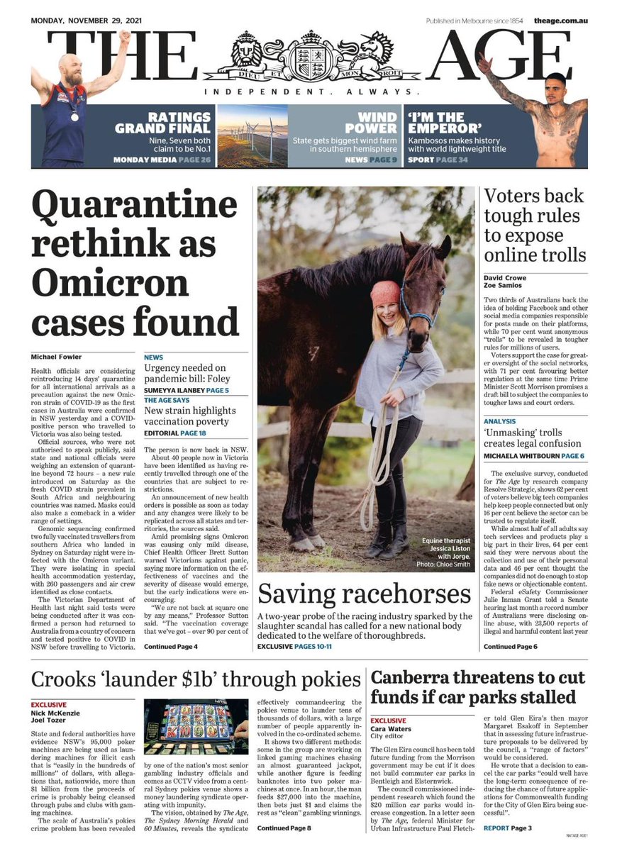ukpapers's tweet image. 🇦🇺 Quarantine Rethink As Omicron Cases Found

▫Victoria mulls extending quarantine for all international travellers as first Omicron cases emerge
▫@michaelfowler08▫is.gd/3Ea85n 🇦🇺  

#frontpagestoday #TheAge #MondayPapers #Australia 🗞