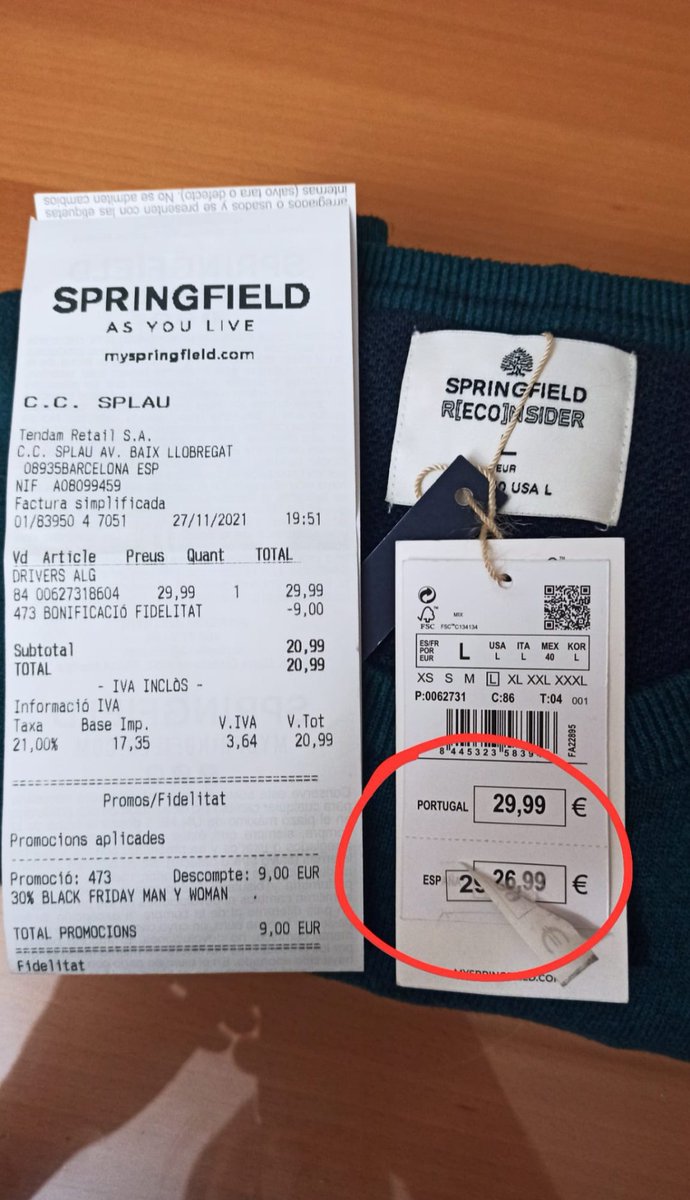 Kiliansp's tweet photo. @springfieldmw que explicación me podéis dar a mí compra de ayer? Una vez en casa he visto cómo habéis subido el precio para el Black Friday con una pegatina! Así no! https://t.co/g7PNX5IfF9