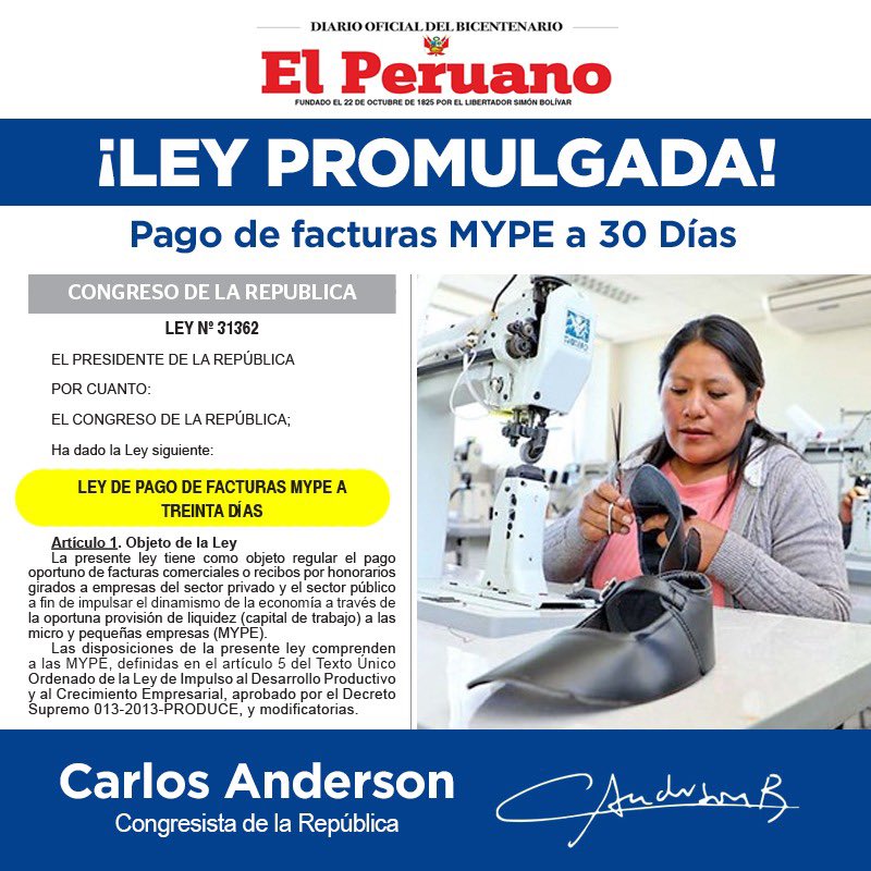 CarlosAnderso1's tweet photo. A partir de hoy, el derecho al pronto pago y/o a un interés moratorio por la demora en el pago de facturas a los millones de Mypes, se convierte en un derecho respaldado por una ley específica. Ley de mi autoría. https://t.co/RavRvodohI