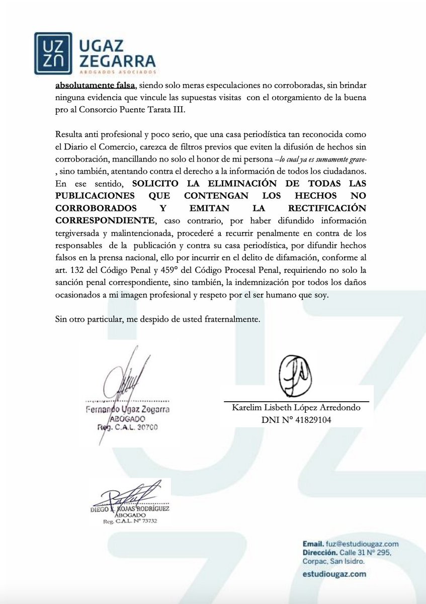 Tomando conocimiento del informe realizado por el <a href="/elcomercio_peru/">El Comercio</a>, pongo a disposición la carta enviada al diario ante la falsa acusación difundida.  

<a href="/gvillasis/">Graciela Villasís</a> <a href="/Yesviar/">Yesenia Vilcapoma</a> <a href="/chronopio/">Oscar Libon</a> <a href="/Politica_ECpe/">Política El Comercio</a>